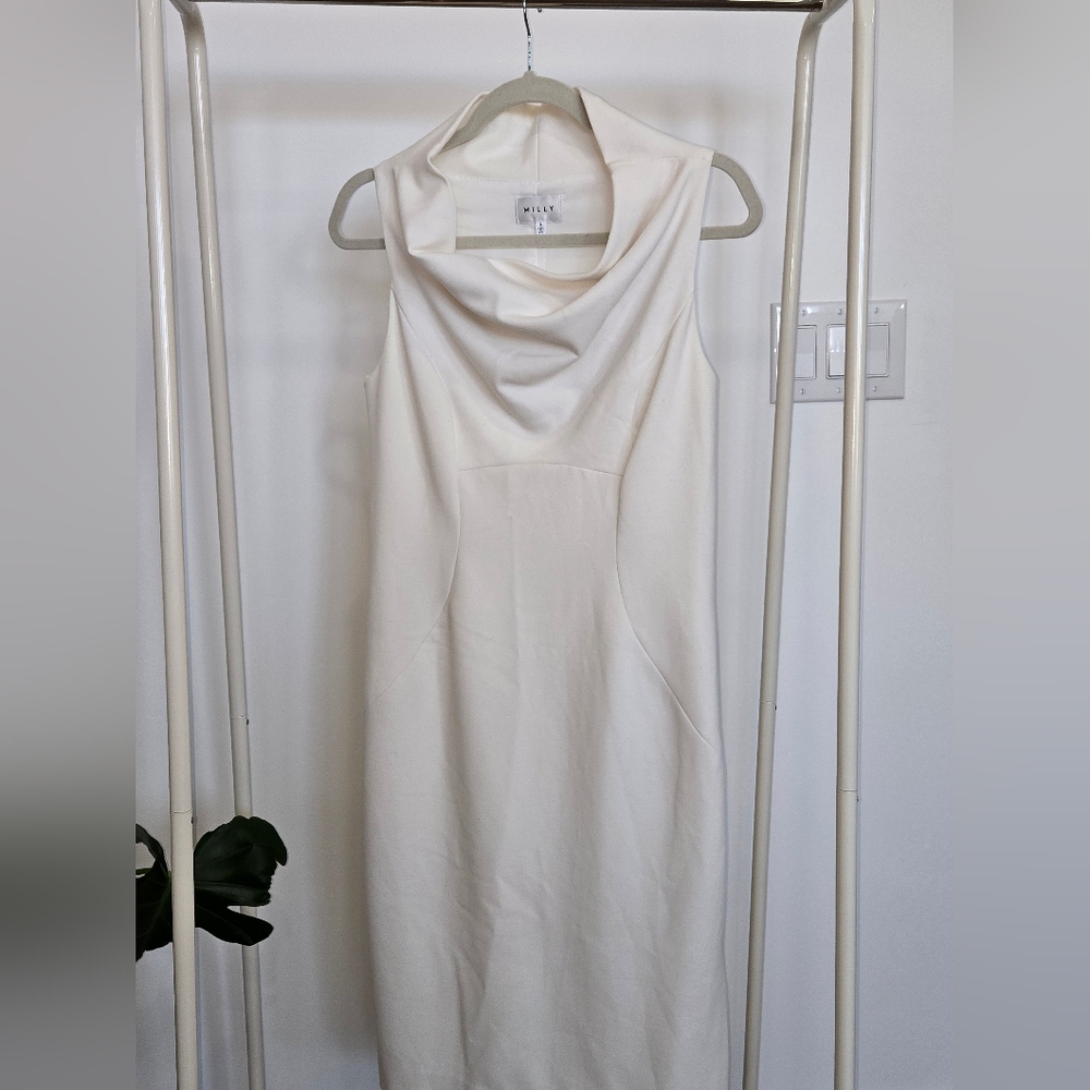 MILLY White Elegant Cowl Neck Polished Sheath Dress Size 8 Bridal Workwear LWD - Picture 2 of 5